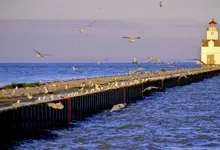 sunset world lighthouses seagulls wisconsin 1920x1080 wallpaper Art HD Wallpaper